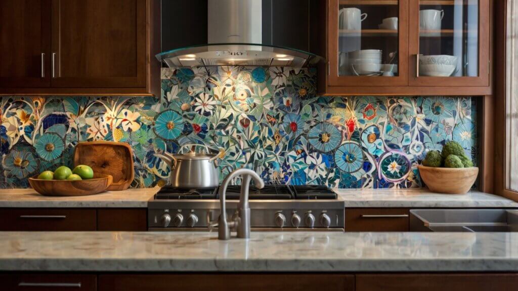 sleek kitchen design with bold mosaic-patterned backsplash in floral motif