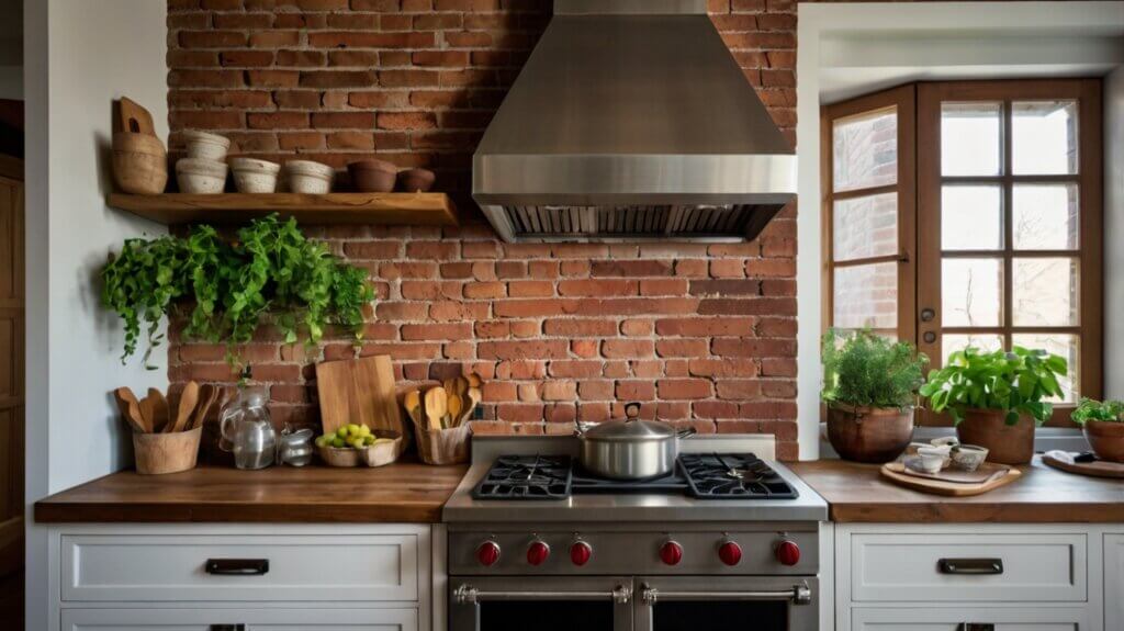 sleek kitchen design with brick veneer backsplash and vintage kitchenware or potted herbs 