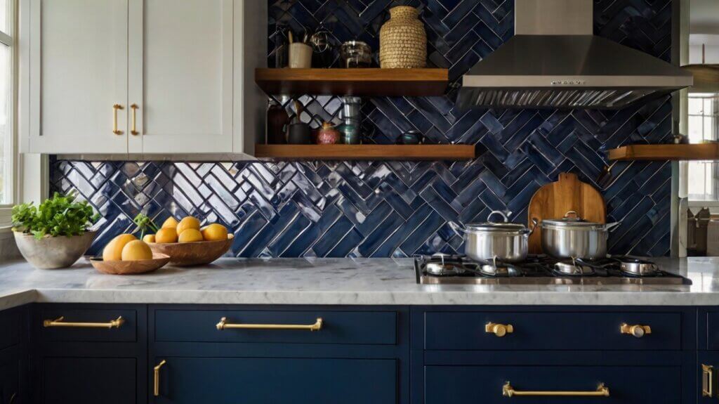 sleek kitchen design with deep navy chevron-patterned subway tile backsplash 