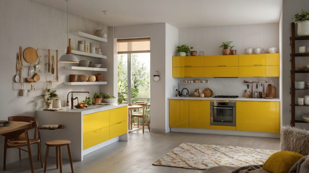 cozy small kitchen design with sunny yellow and soft white combinations