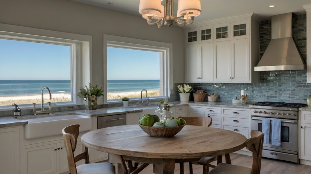 coastal kitchen in neutral tones featuring a window nook 