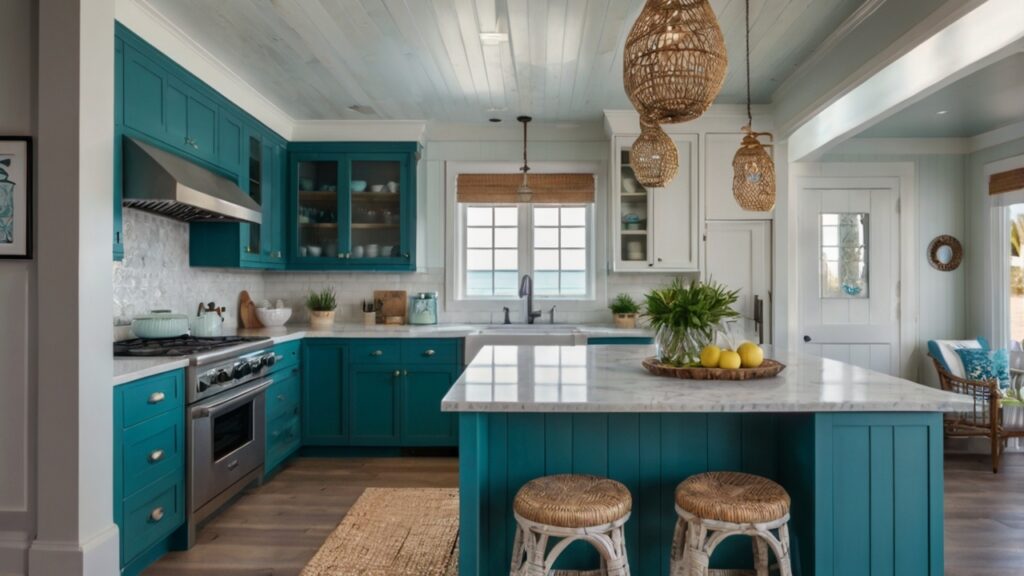 coastal small kitchen design with teal and white combinations