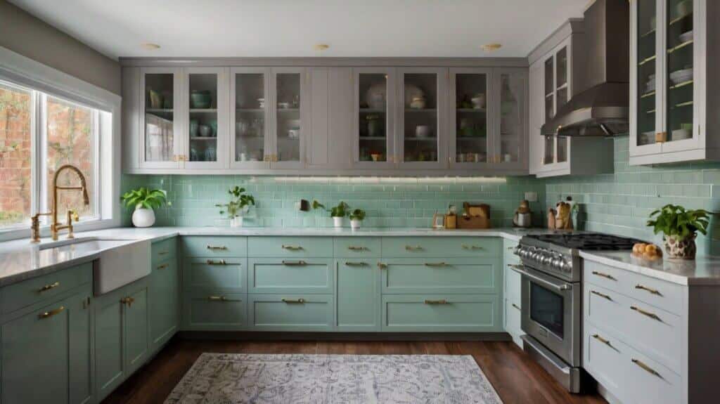 Contemporary kitchen featuring mint green and light grey kitchen cabinets