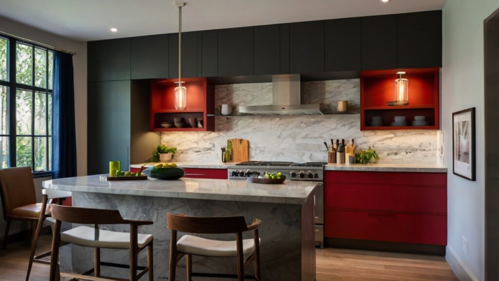 contemporary kitchen featuring open shelving with a bold color palette and minimalist lighting 