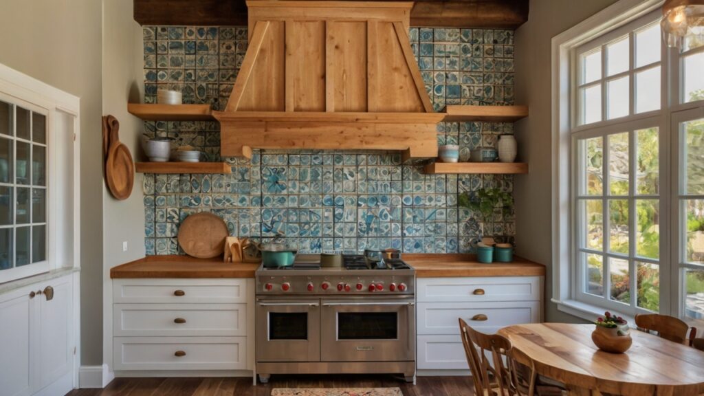cottage-style kitchen featuring a patterned tile backsplash paired with natural wood accents 