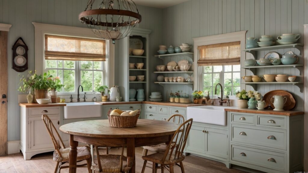 cottage-style kitchen featuring open shelving in soft colors with vintage dishware