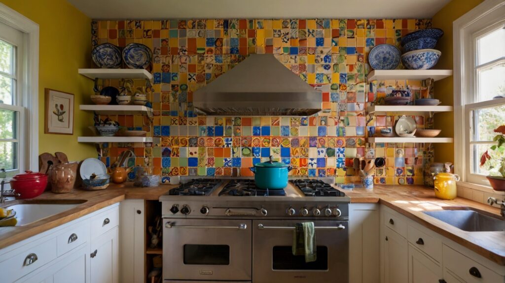 eclectic kitchen featuring colorful, hand-painted tiles with some mismatched kitchenware