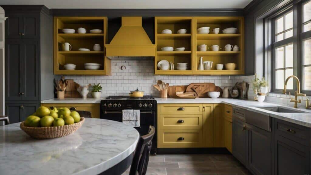 elegant kitchen with mustard yellow and dark grey cabinets plus classic white subway tiles