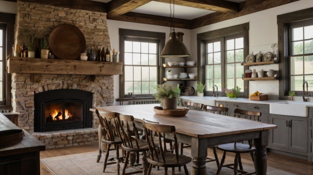 farmhouse kitchen featuring a fireplace and vintage-inspired touches