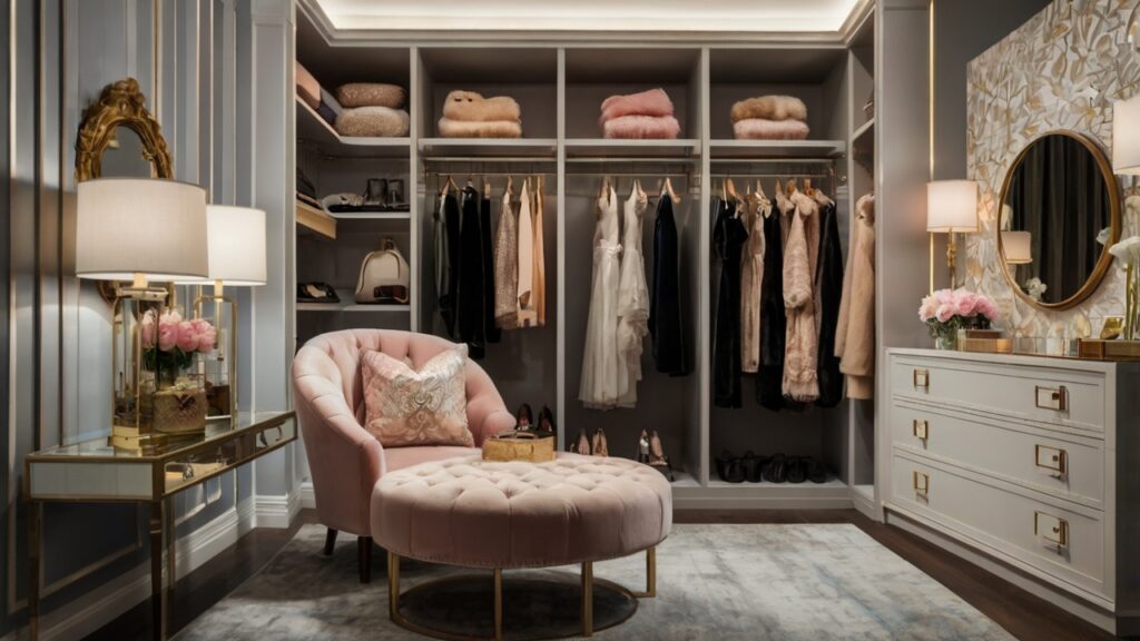 feminine walk-in closet design featuring a chic seating area with velvet accents