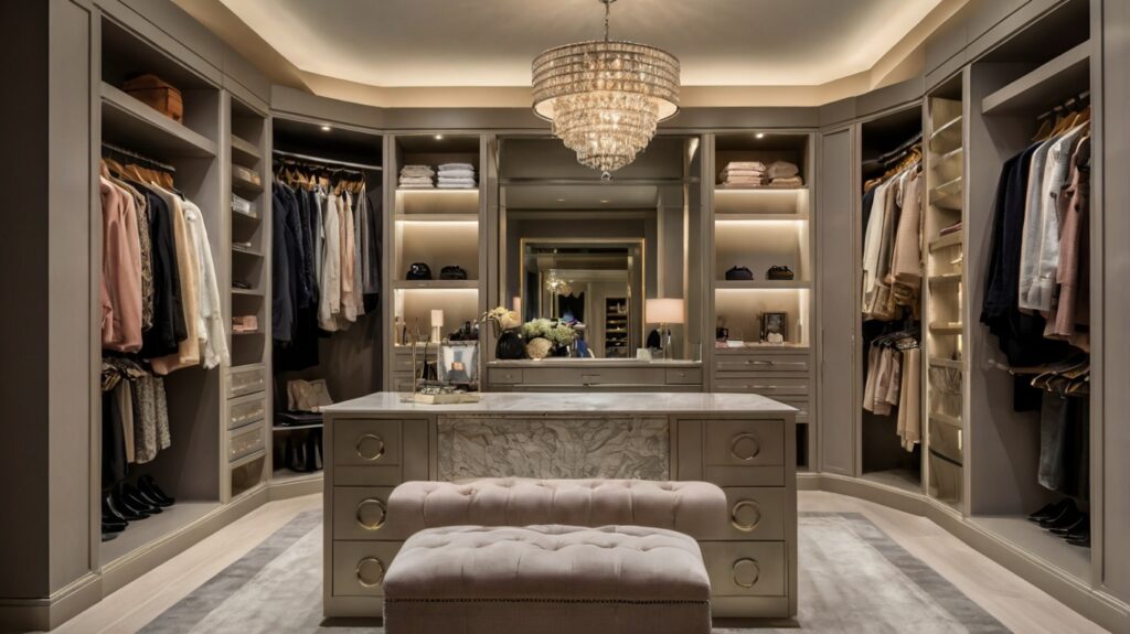 feminine walk-in closet design featuring a cozy vanity nook and ambient lighting