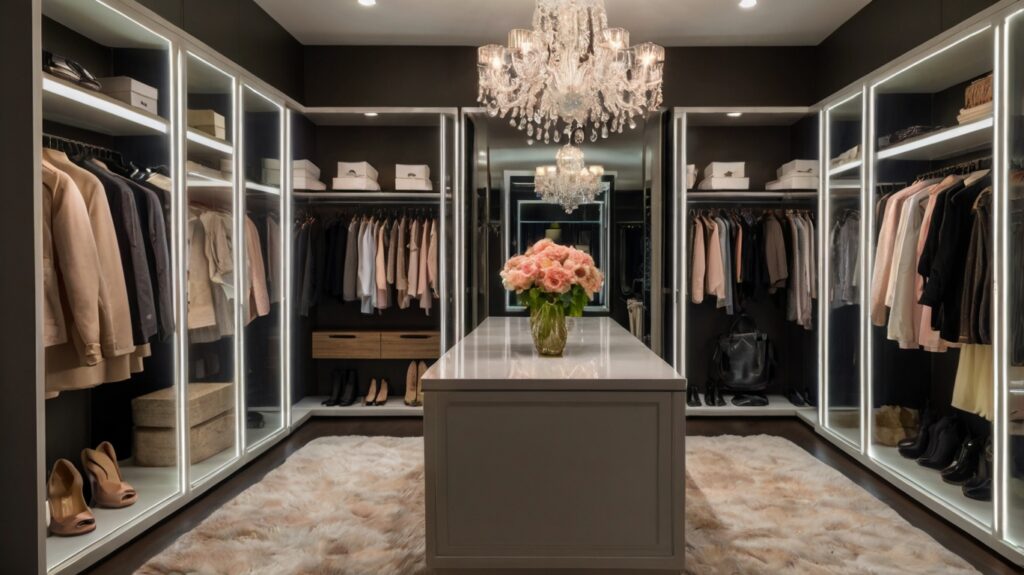 feminine walk-in closet design featuring a crystal chandelier and under-shelf LED lights