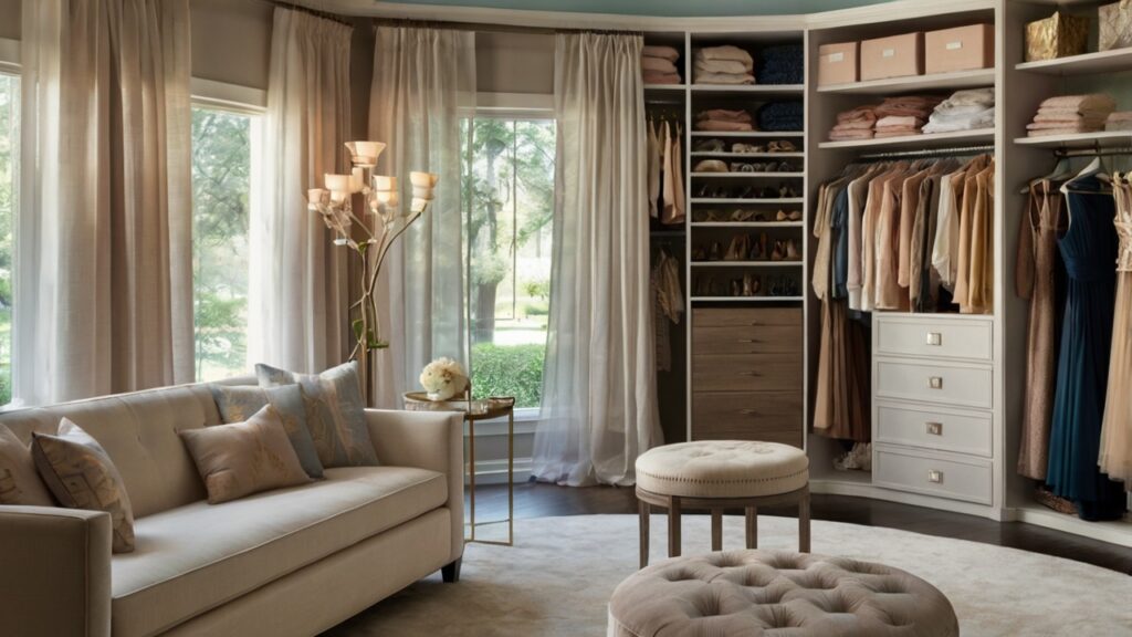 feminine walk-in closet design featuring draped window treatments and sheer fabrics