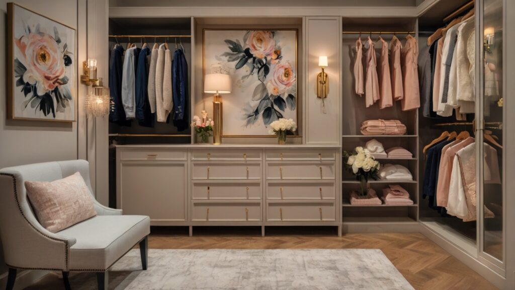 feminine walk-in closet design featuring personalized artwork, candles, and flowers