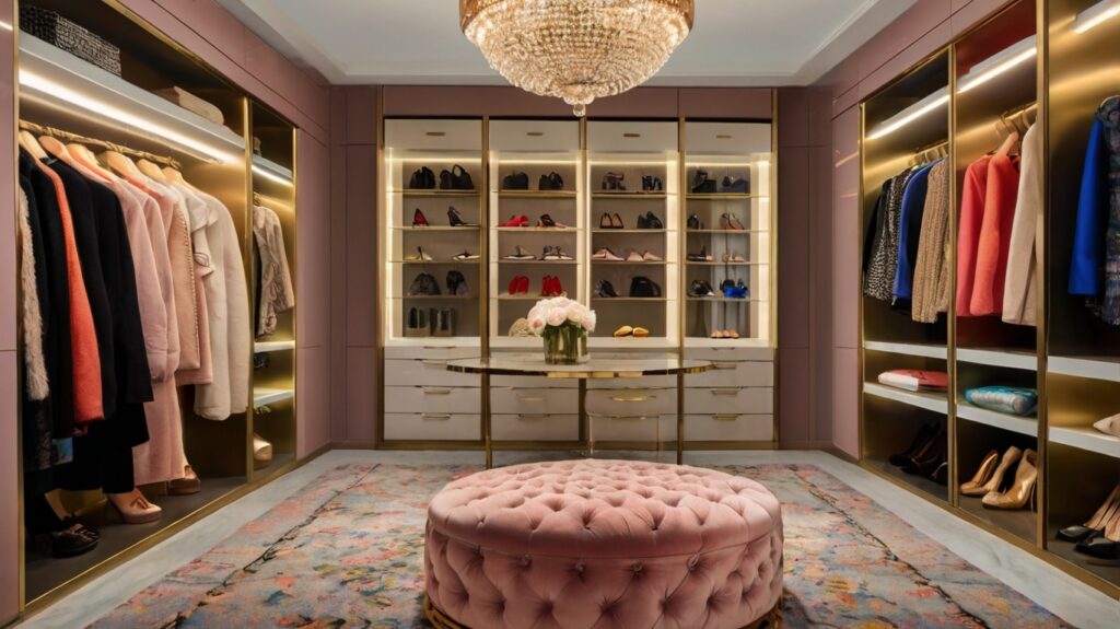 feminine walk-in closet design featuring plush carpeting in bold patterns, gold accents and LED lighting