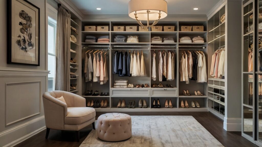 feminine walk-in closet design featuring tailored shelving and custom dividers