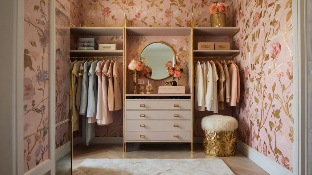 feminine walk-in closet design featuring whimsical wallpaper and gold accents