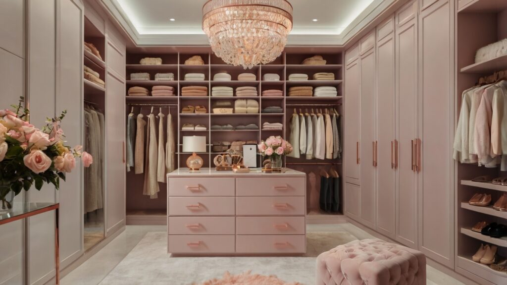 feminine walk-in closet design in pastel colors with rose gold accents