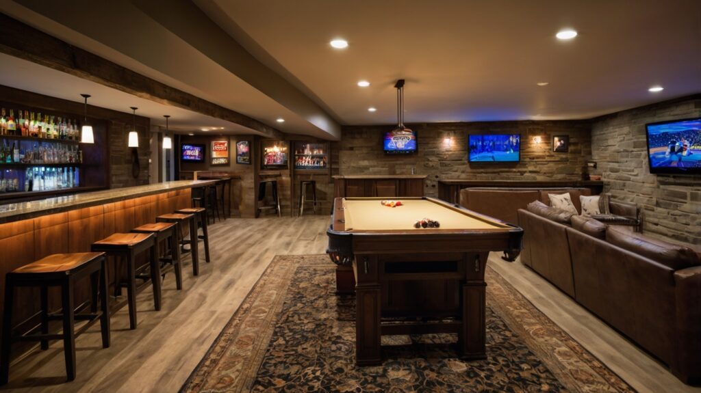 full-blown basement sports bar