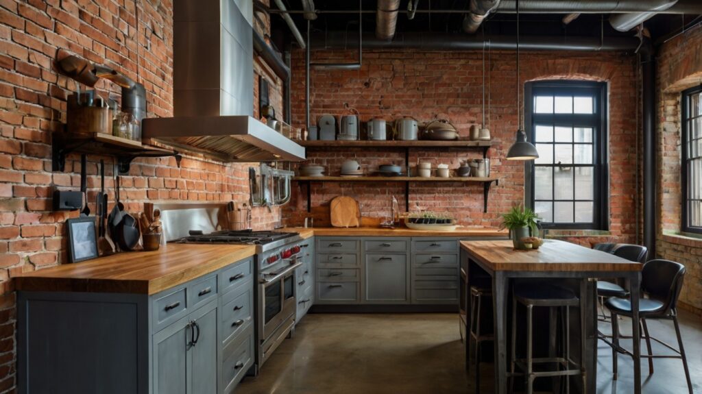 industrial chic kitchen featuring exposed brick and metal accents