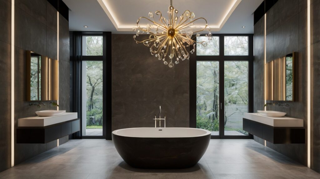 minimalist bathroom design featuring a minimalist chandelier and layered lighting