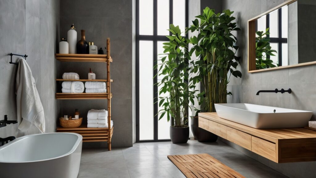 minimalist bathroom design featuring a soaking tub, low-maintenance plants and bamboo shelves