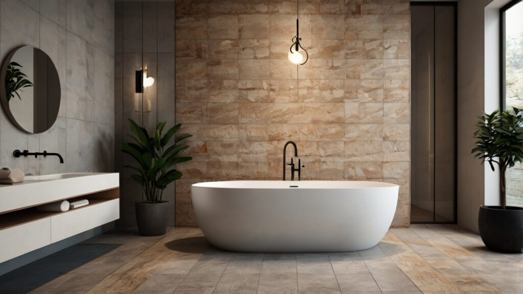 minimalist bathroom design featuring floor tiles with textures