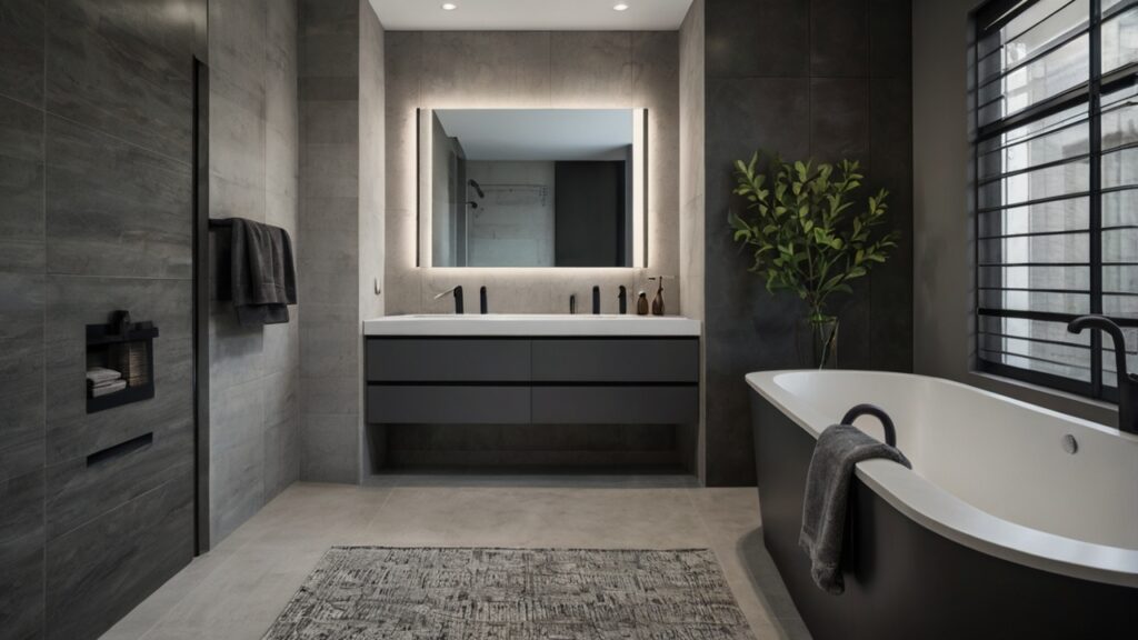 minimalist bathroom design featuring light gray walls with slightly darker gray tiles, and a charcoal vanity