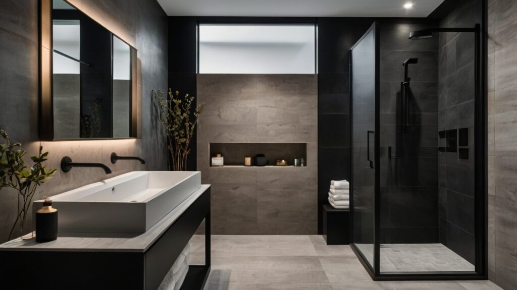 minimalist bathroom design featuring matte black and brushed nickel fixtures