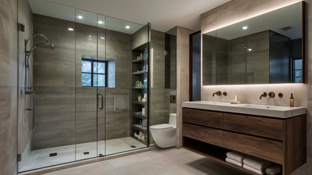 minimalist bathroom design featuring recessed shelves and mirrored cabinets