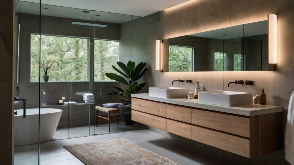 minimalist bathroom design featuring a double vanity with under-cabinet lighting