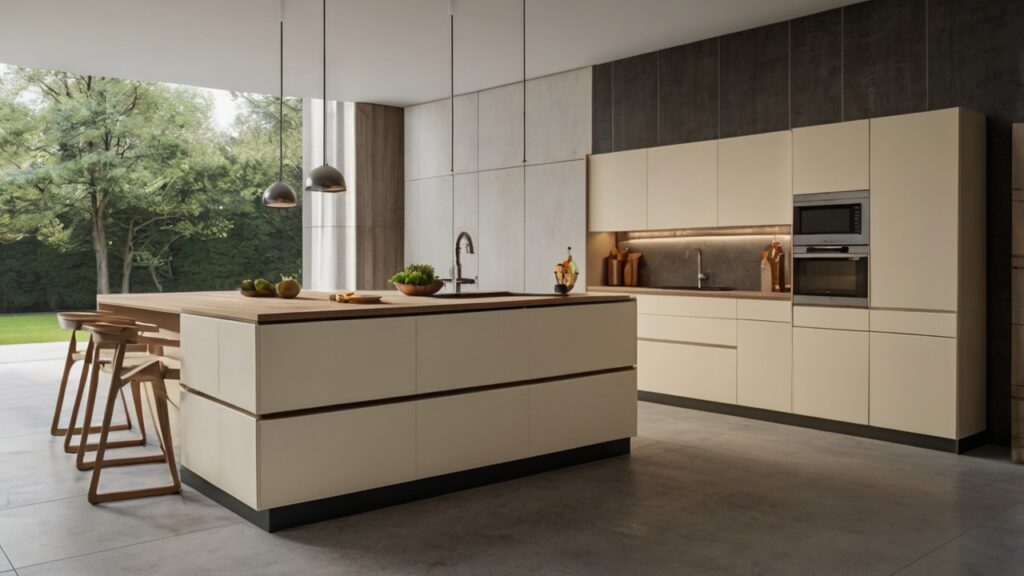 minimalist kitchen design featuring cream handle-free cabinets