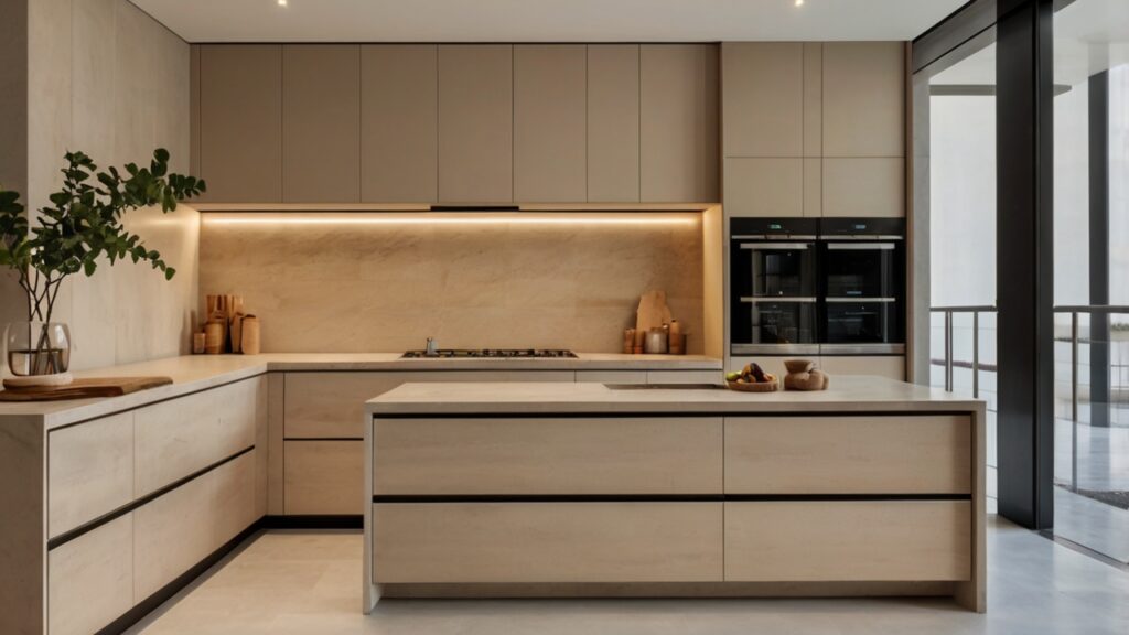 minimalist kitchen design in a light beige palette featuring a clean countertop