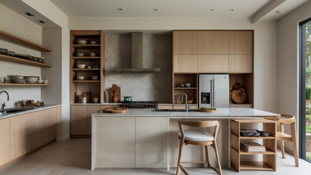 minimalist kitchen design in a neutral color palette featuring open shelving