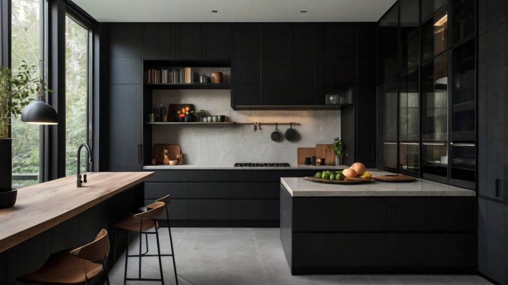 minimalist kitchen design in a soft black palette featuring smart storage solutions