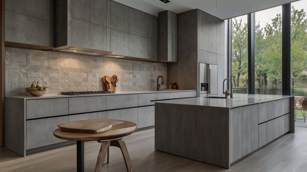 minimalist kitchen design in a soft gray palette featuring a subtle backsplash with texture