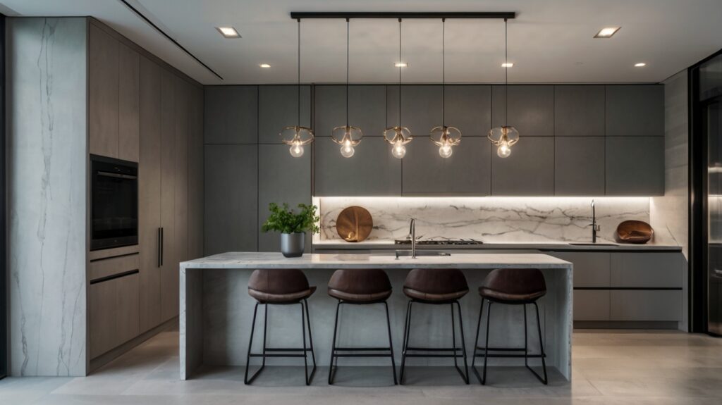 minimalist kitchen design in a soft gray palette featuring a statement lighting