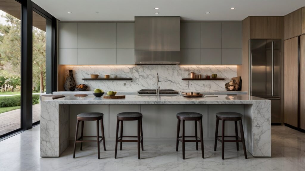 minimalist kitchen design in a soft gray palette featuring marble countertops