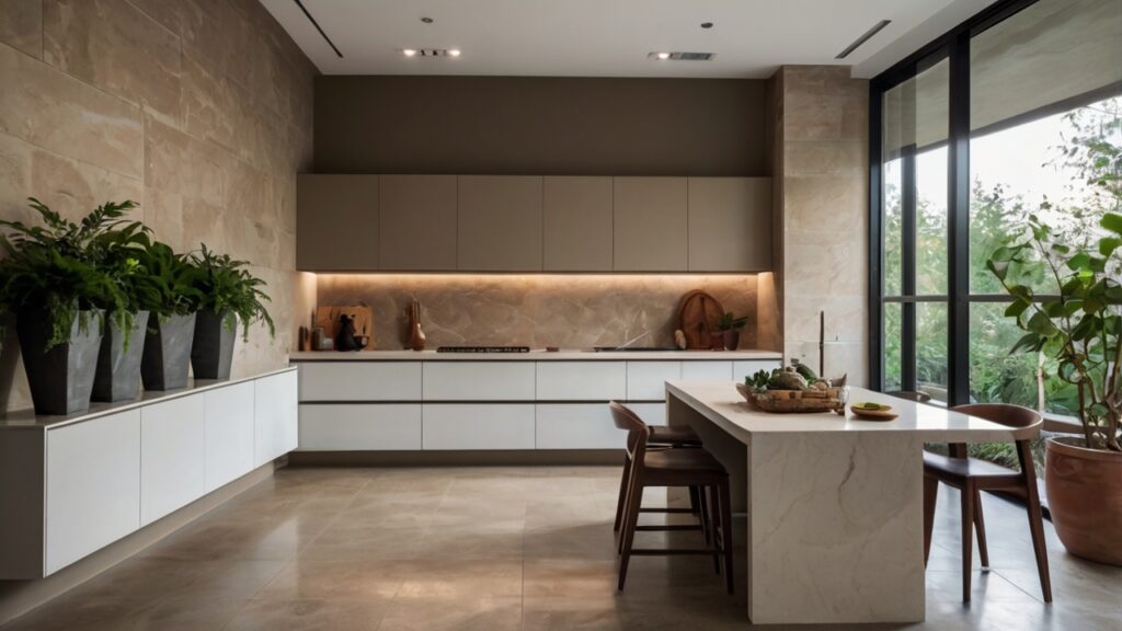 minimalist kitchen design in a warm beige palette featuring stone tile flooring and potted plants