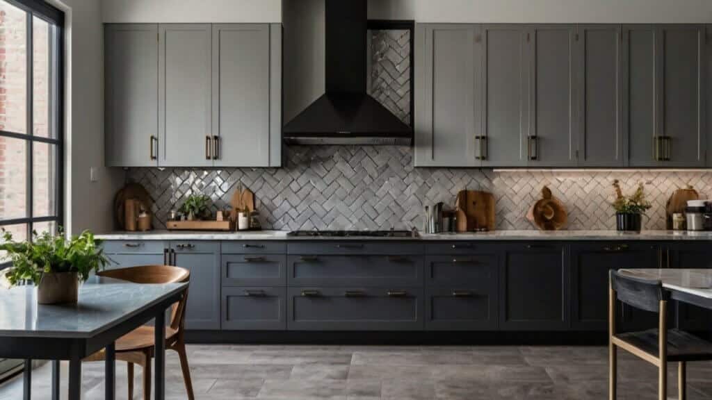 minimalist kitchen with soft light grey and rich charcoal cabinets plus a glossy subway tile backsplash