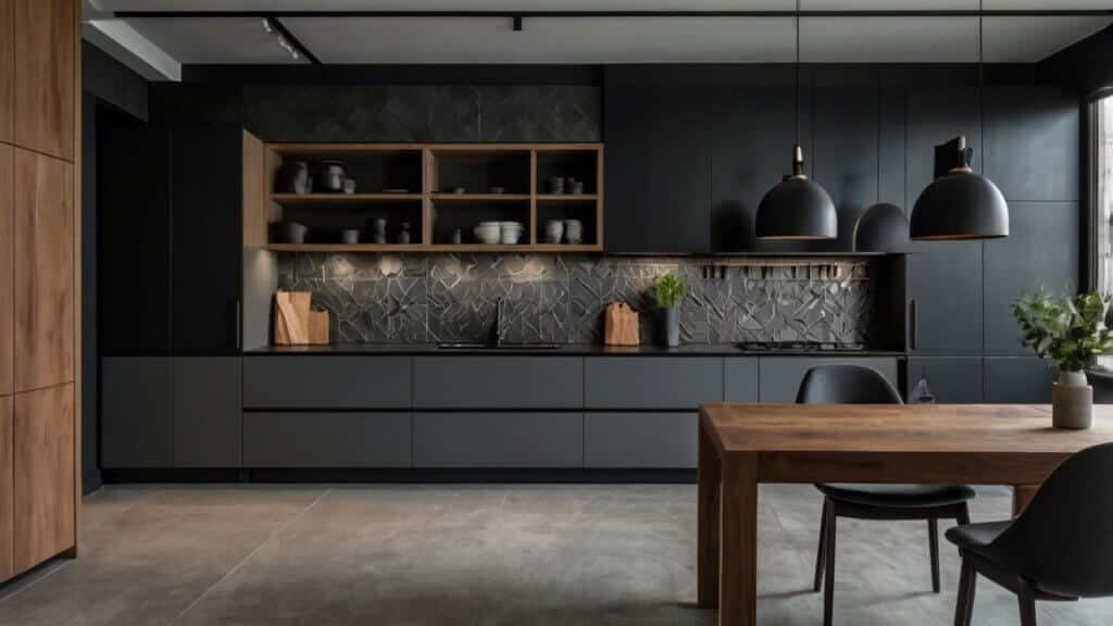 minimalist kitchen with matte black and medium grey kitchen cabinets plus a textured black backsplash