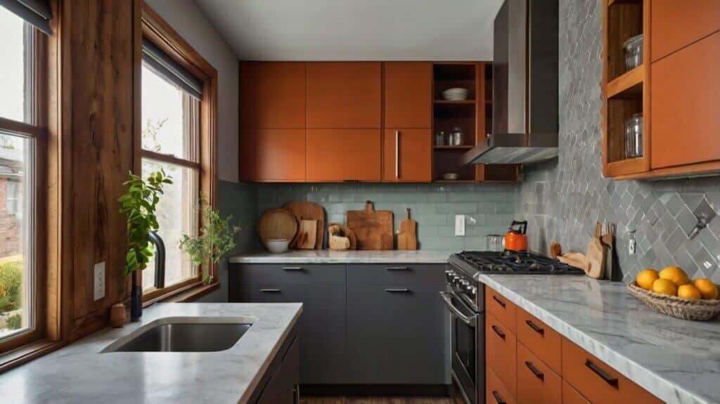 modern kitchen with burnt orange and sleek grey cabinets 