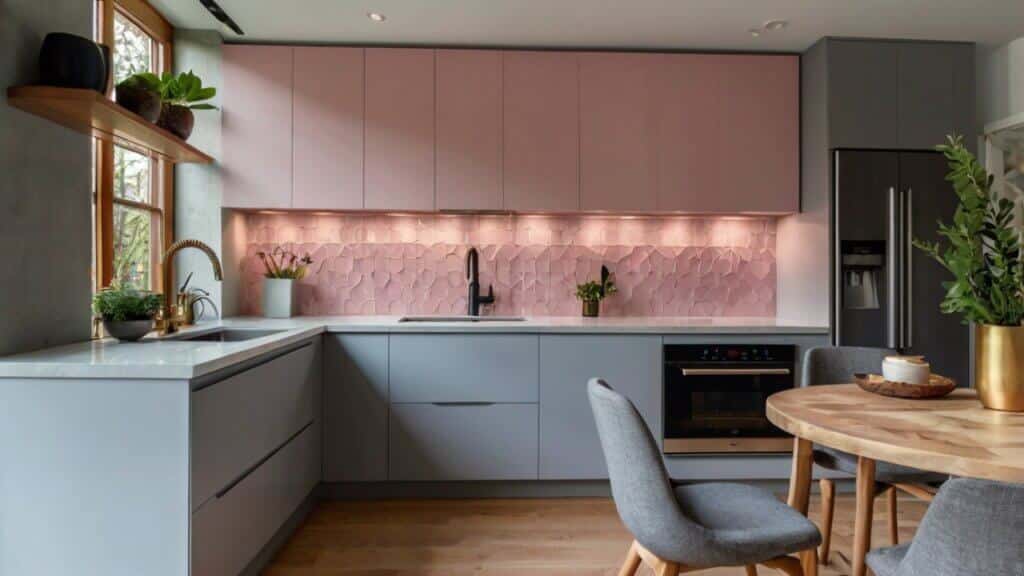 Cool Grey and Soft Pink kitchen cabinets with a subtle pink pattern backsplash