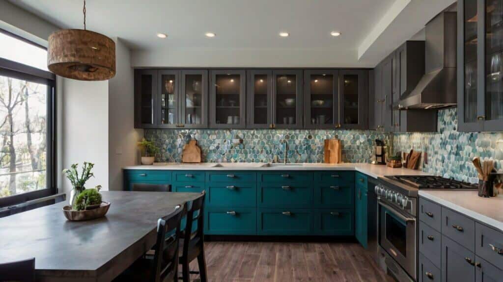 modern kitchen featuring teal and deep grey cabinets with a hexagonal tile backsplash