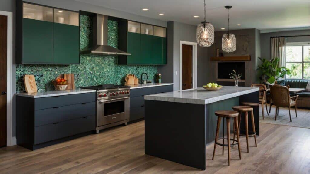Deep Green and Charcoal Grey kitchen cabinets with mosaic backsplash