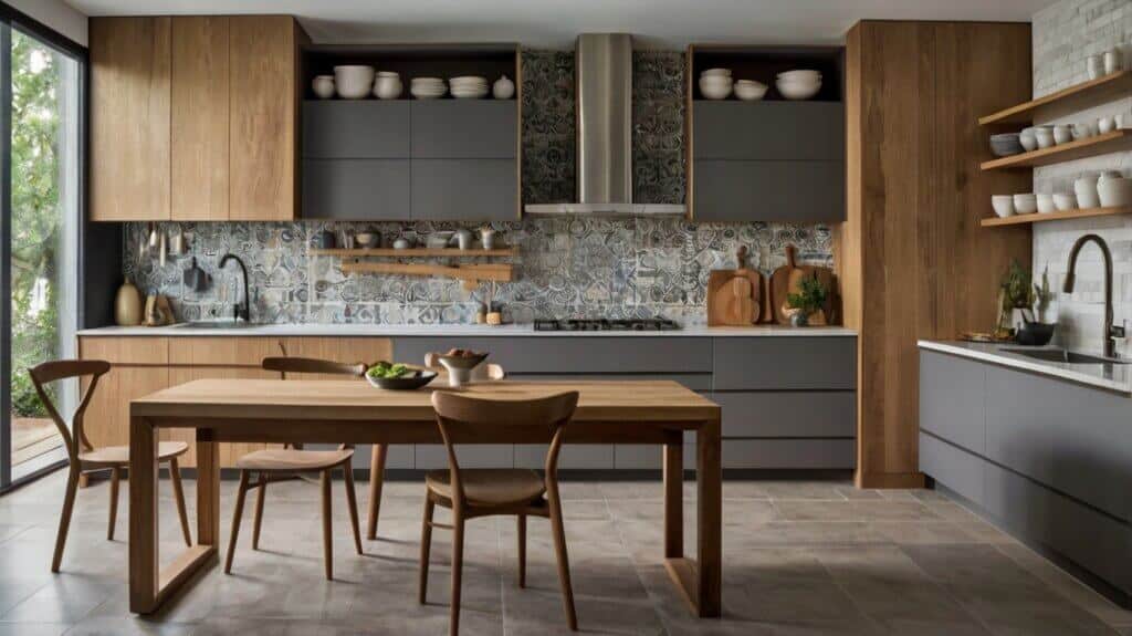 Grey and Natural Wood Tones kitchen cabinets with white mosaic backsplash
