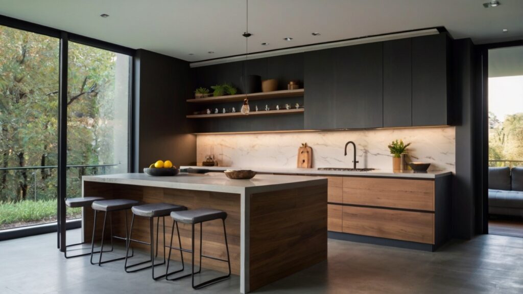 modern minimalist kitchen with a sleek large kitchen island featuring open shelves