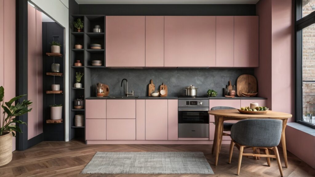 modern small kitchen design with blush pink and slate grey color combinations