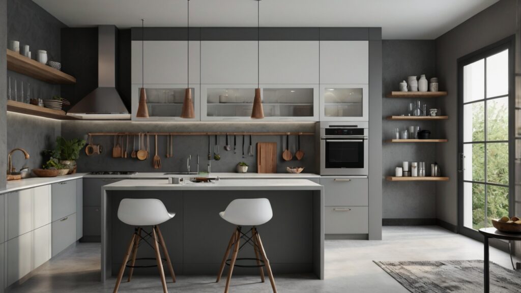 modern small kitchen design with crisp white and cool grey combinations