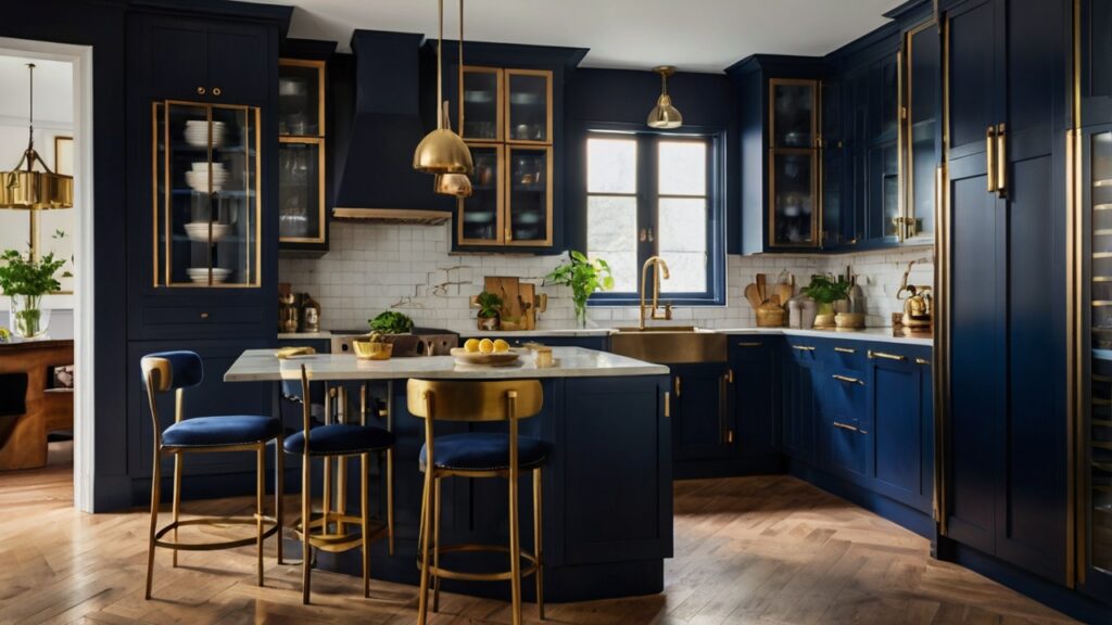 small kitchen design with navy blue and brass combinations
